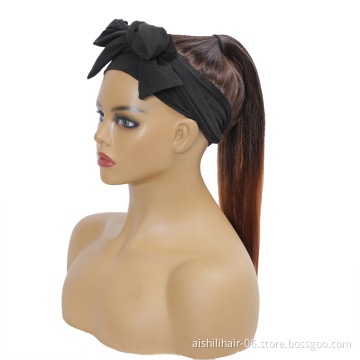 wholeasale cheap headband strap long straight ponytail hair weft with headband synthetic hair weft for black women